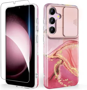 SHEDEER for Samsung Galaxy S25 Case, with Slide Camera Cover & Screen Protector, Chic Pattern, Shockproof 360 Degree Protective Slim Thin Phone Case Cover for Galaxy S25, Pink