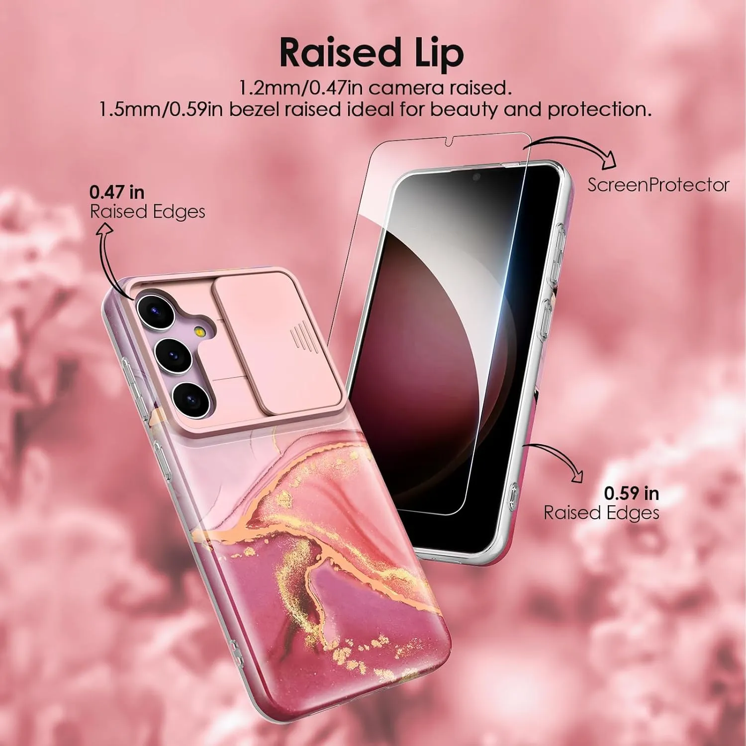 SHEDEER for Samsung Galaxy S25 Case, with Slide Camera Cover & Screen Protector, Chic Pattern, Shockproof 360 Degree Protective Slim Thin Phone Case Cover for Galaxy S25, Pink