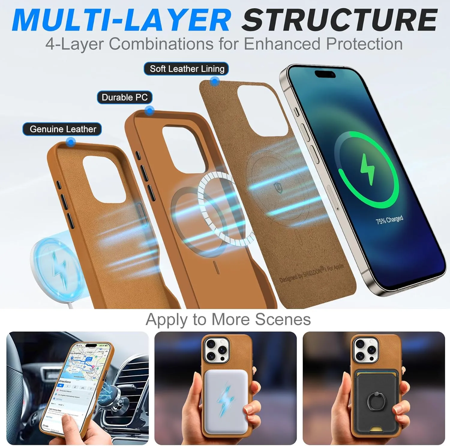 SHIELDON Genuine Leather Case for iPhone 16 Pro Max, Magnetic Wireless Charging Non-Slip Microfiber Lining Anti-Scratch Shockproof Phone Case Compatible with iPhone 16 Pro Max - Retro Light Brown