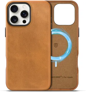 SHIELDON Genuine Leather Case for iPhone 16 Pro Max, Magnetic Wireless Charging Non-Slip Microfiber Lining Anti-Scratch Shockproof Phone Case Compatible with iPhone 16 Pro Max - Retro Light Brown