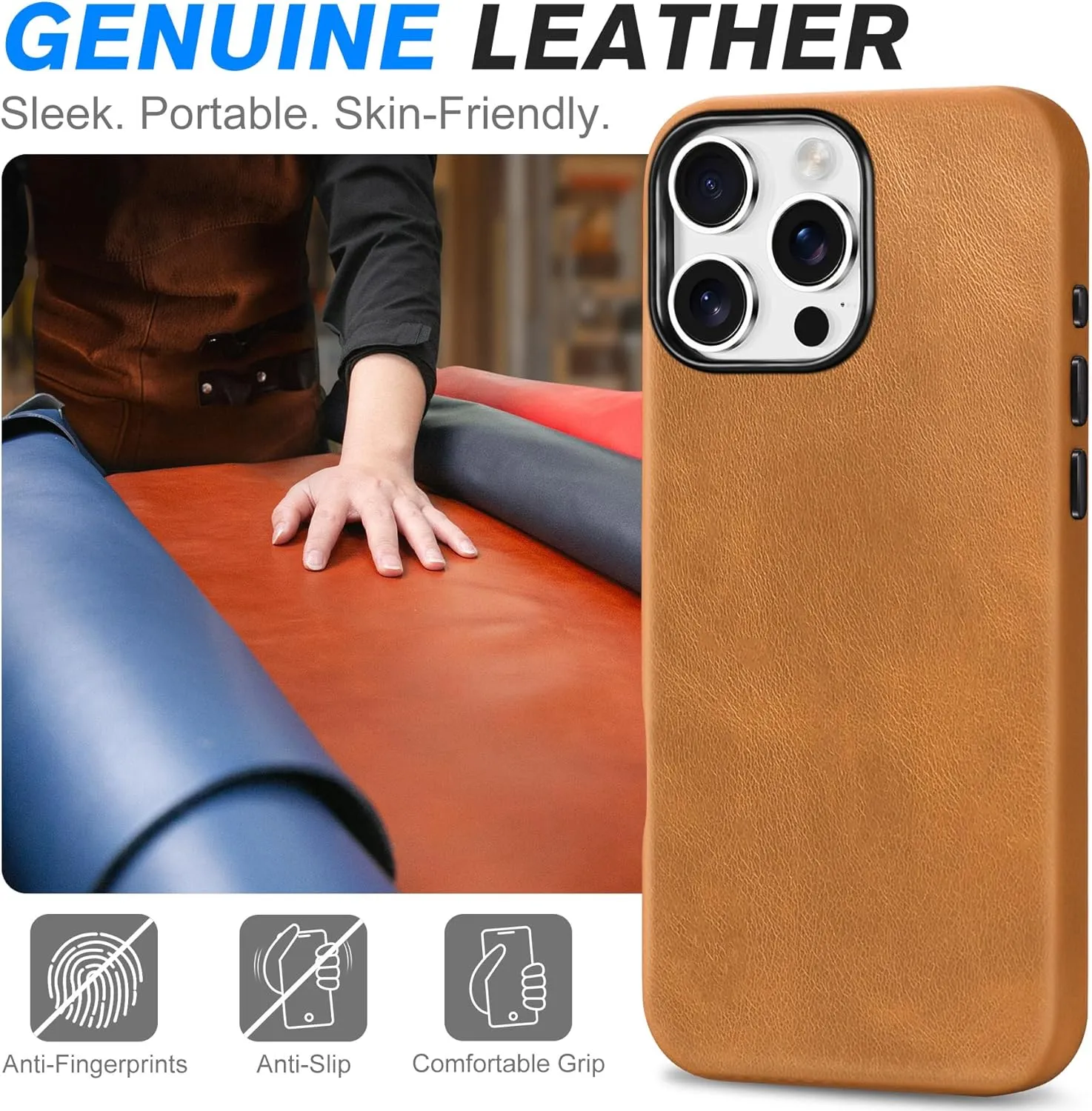 SHIELDON Genuine Leather Case for iPhone 16 Pro Max, Magnetic Wireless Charging Non-Slip Microfiber Lining Anti-Scratch Shockproof Phone Case Compatible with iPhone 16 Pro Max - Retro Light Brown