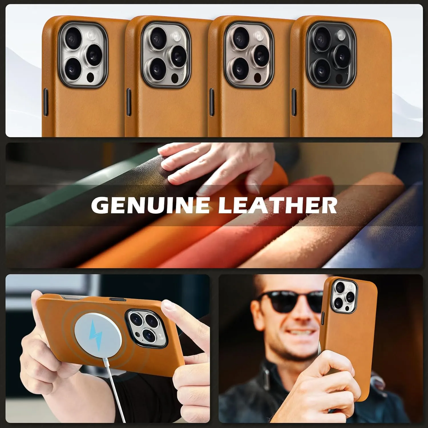 SHIELDON Genuine Leather Case for iPhone 16 Pro Max, Magnetic Wireless Charging Non-Slip Microfiber Lining Anti-Scratch Shockproof Phone Case Compatible with iPhone 16 Pro Max - Retro Light Brown