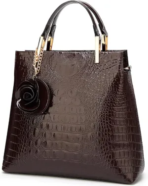 Shiny Patent Leather Women Handbag Crocodile Pattern Shoulder Bag Flower Pendant Top Handle Tote Satchel Purse