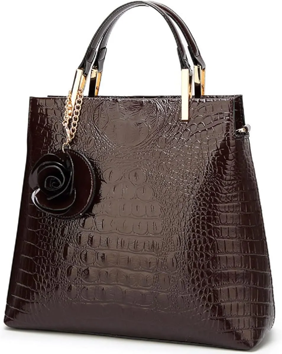 Shiny Patent Leather Women Handbag Crocodile Pattern Shoulder Bag Flower Pendant Top Handle Tote Satchel Purse
