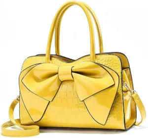 Shiny Women Handbag Patent Leather Bowknot Purse Charm Glossy Top-Handle Satchel Tote Fashion Shoulder Bag for women (Yellow)