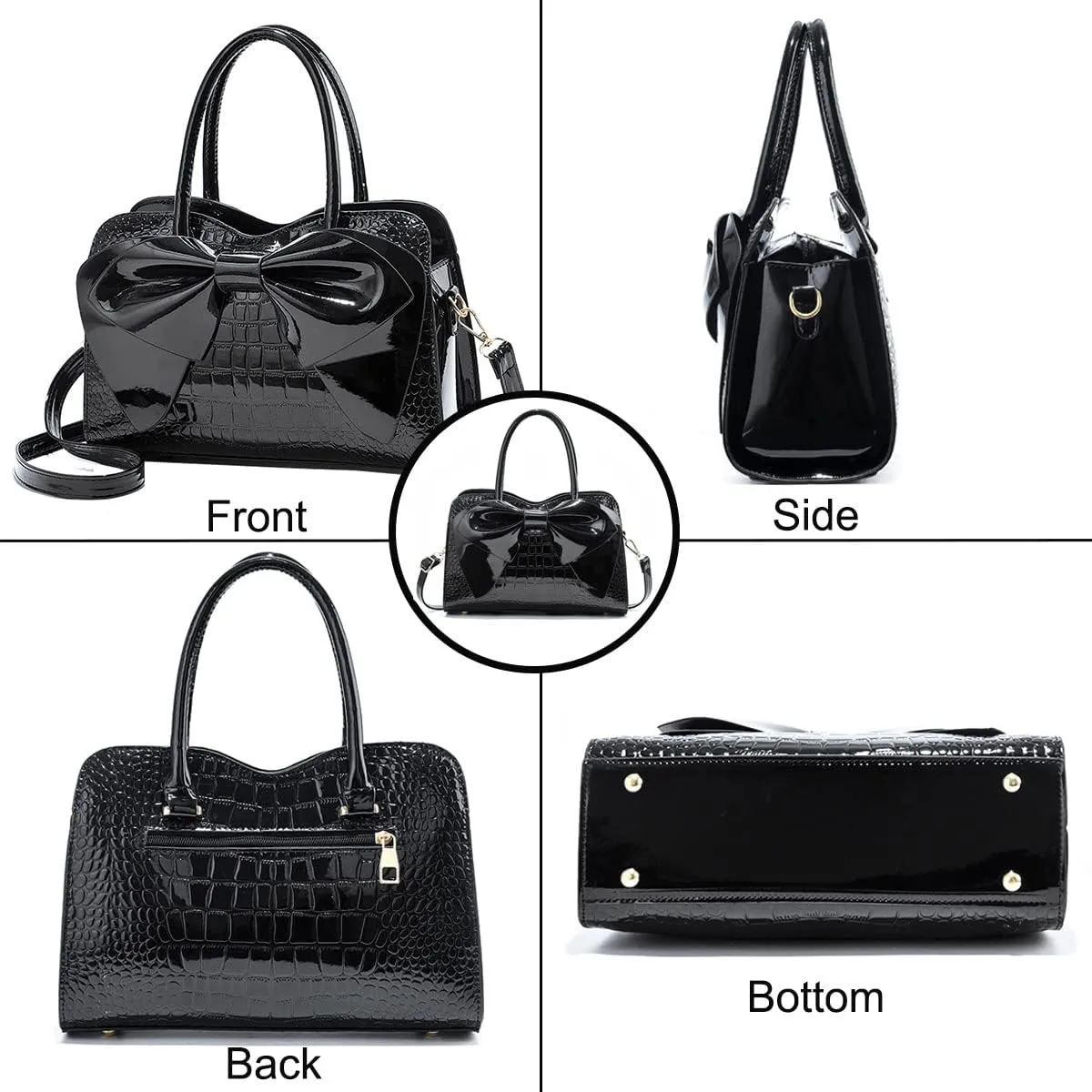 Shiny Women Handbag Patent Leather Bowknot Purse Charm Glossy Top-Handle Satchel Tote Fashion Shoulder Bag