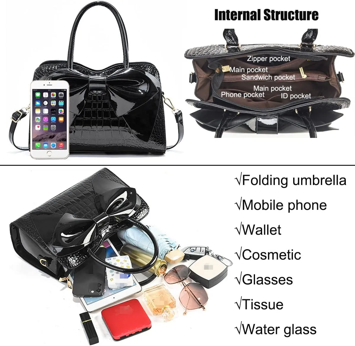 Shiny Women Handbag Patent Leather Bowknot Purse Charm Glossy Top-Handle Satchel Tote Fashion Shoulder Bag