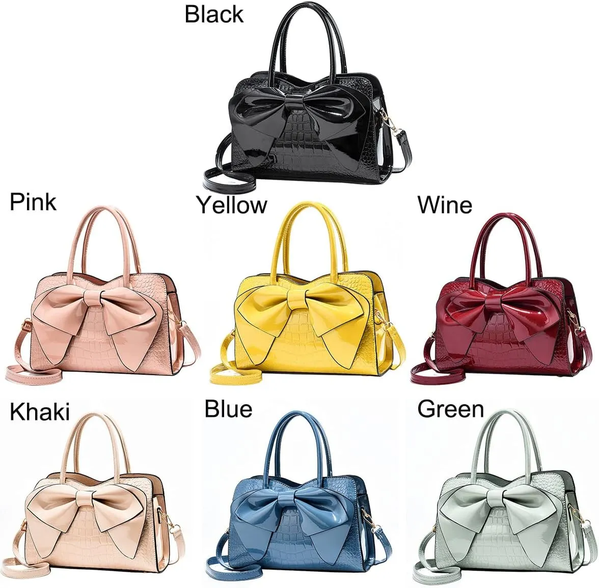 Shiny Women Handbag Patent Leather Bowknot Purse Charm Glossy Top-Handle Satchel Tote Fashion Shoulder Bag