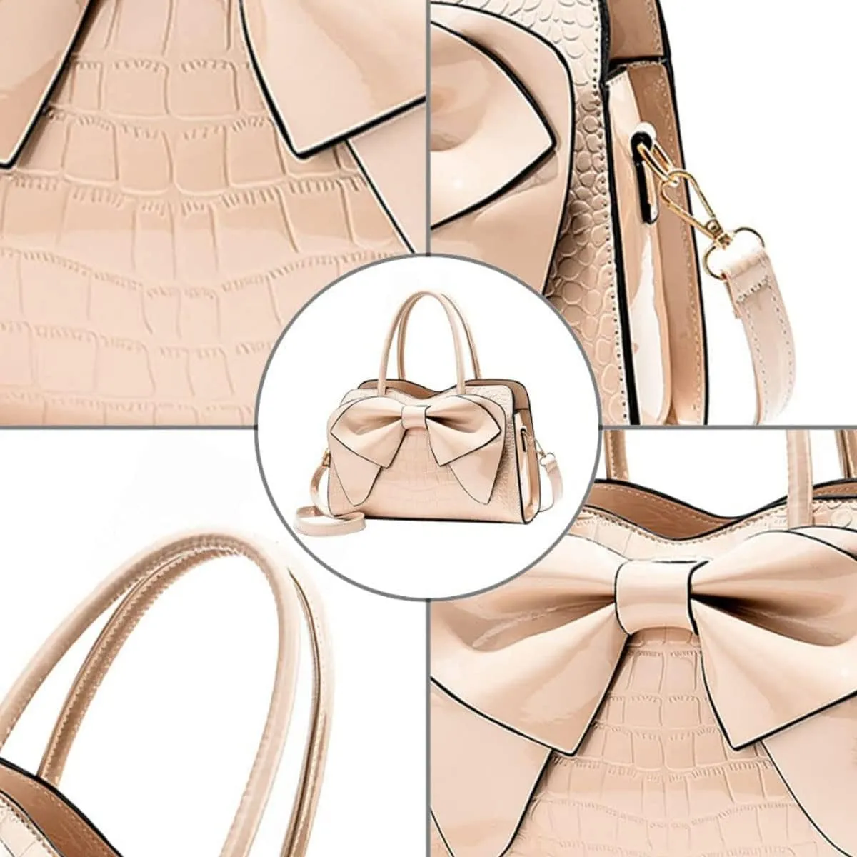Shiny Women Handbag Patent Leather Bowknot Purse Charm Glossy Top-Handle Satchel Tote Fashion Shoulder Bag