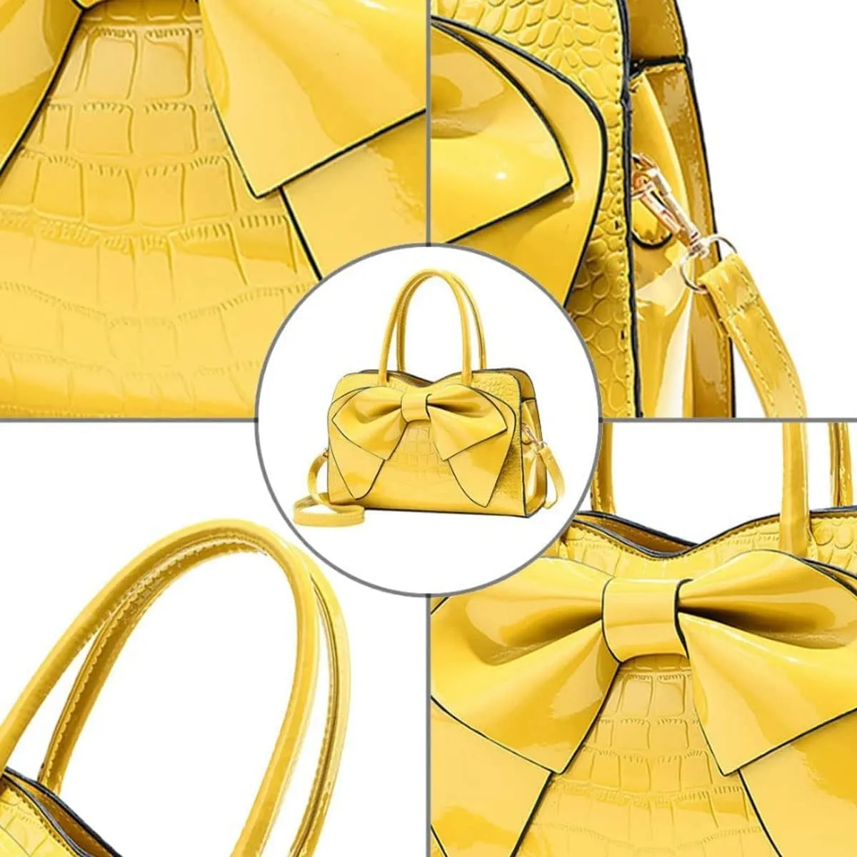 Shiny Women Handbag Patent Leather Bowknot Purse Charm Glossy Top-Handle Satchel Tote Fashion Shoulder Bag