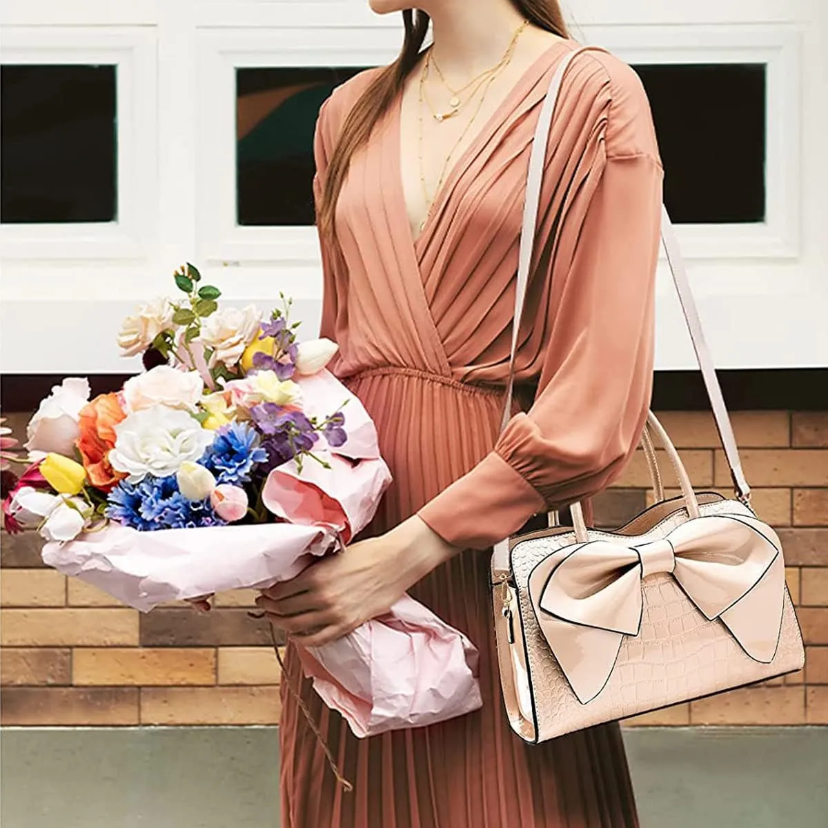 Shiny Women Handbag Patent Leather Bowknot Purse Charm Glossy Top-Handle Satchel Tote Fashion Shoulder Bag