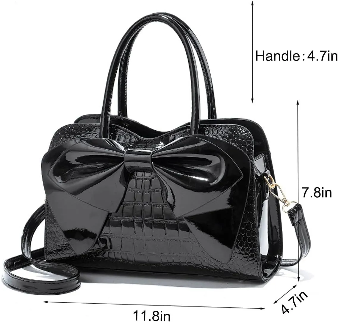 Shiny Women Handbag Patent Leather Bowknot Purse Charm Glossy Top-Handle Satchel Tote Fashion Shoulder Bag