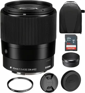 Sigma 30mm f/1.4 DC DN Contemporary Lens for Canon EF-M | EF-M-Mount Lens/APS-C Format, Rounded 9-Blade Diaphragm, Tiffen 52mm UV Protector Filter, 64GB Ultra UHS-I Memory Card, and Waith Camera Bag