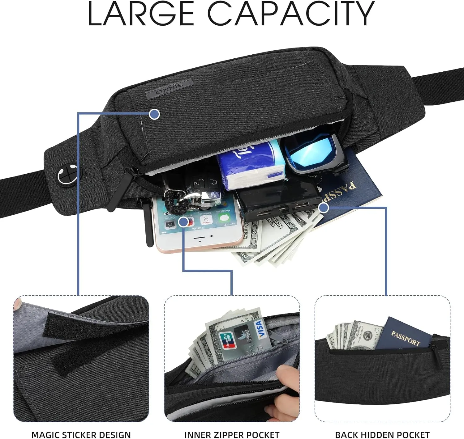 SINNO Large Crossbody Fanny Pack for Women Men Belt Bag With 4-Zipper Pockets for Travel Running Hiking Workout Dog Walking Outdoors Sport Fishing Waist Pack Bag Carrying All Phones