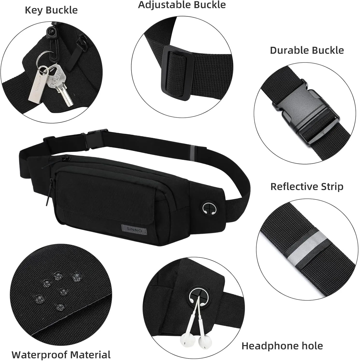 SINNO Large Crossbody Fanny Pack for Women Men Belt Bag With 4-Zipper Pockets for Travel Running Hiking Workout Dog Walking Outdoors Sport Fishing Waist Pack Bag Carrying All Phones