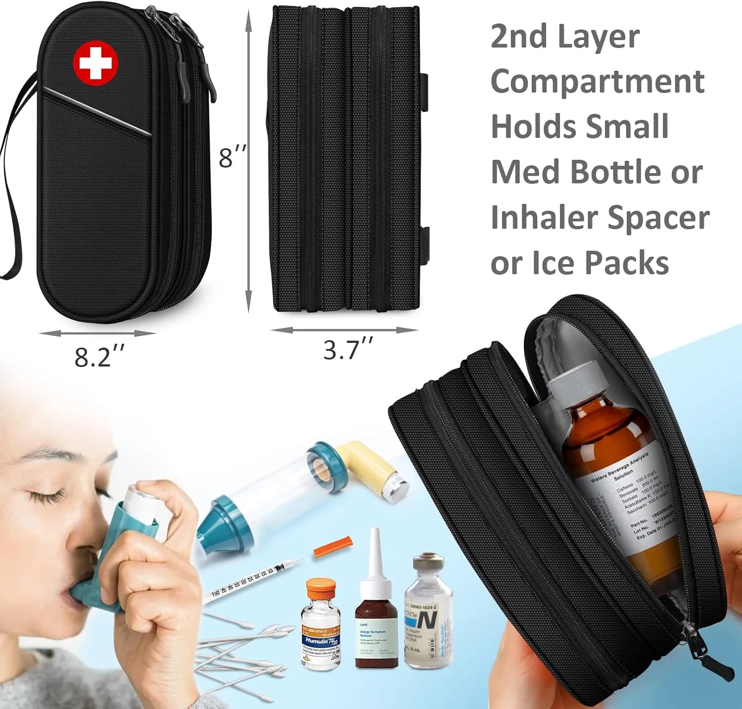 SITHON Double-Layer Epipen Carrying Case, Travel Medication Organizer Bag Emergency Medical Pouch Holds 2 EpiPens, Asthma Inhaler, Anti-Histamine, Auvi-Q, Allergy Medicine Essentials (Black)