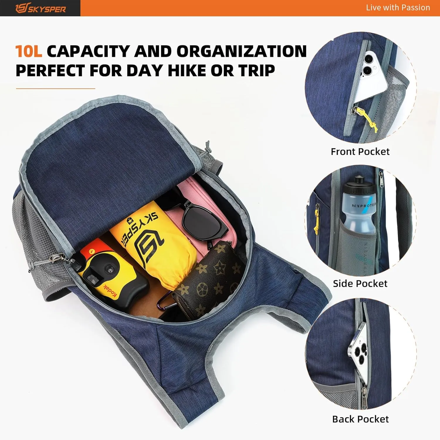 SKYSPER 10L Hiking Backpack Small Hiking Daypack Packable Lightweight Travel Day Pack for Women Men(Darkblue)