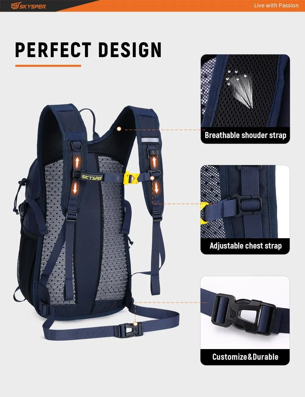SKYSPER Hiking Backpack - 20L Small Backpacks with Ergonomical Design, Breathable Day Pack, Backpacking for Men Women, Navyblue