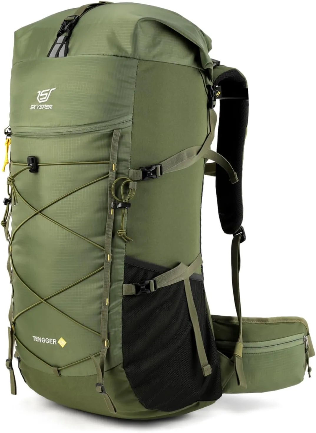 SKYSPER Hiking Backpack - 50L Roll Top Backpacking Backpack Lightweight Comfortable Breathable Camping Travel Pack for Men Women(Armgreen)