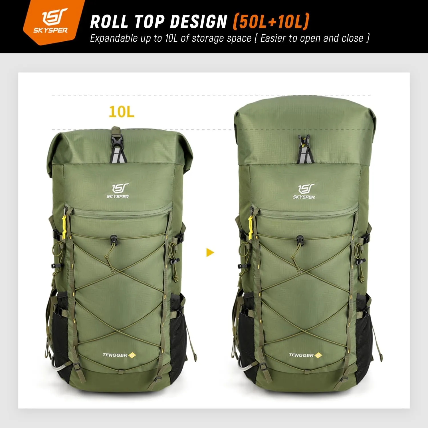 SKYSPER Hiking Backpack - 50L Roll Top Backpacking Backpack Lightweight Comfortable Breathable Camping Travel Pack for Men Women(Armgreen)