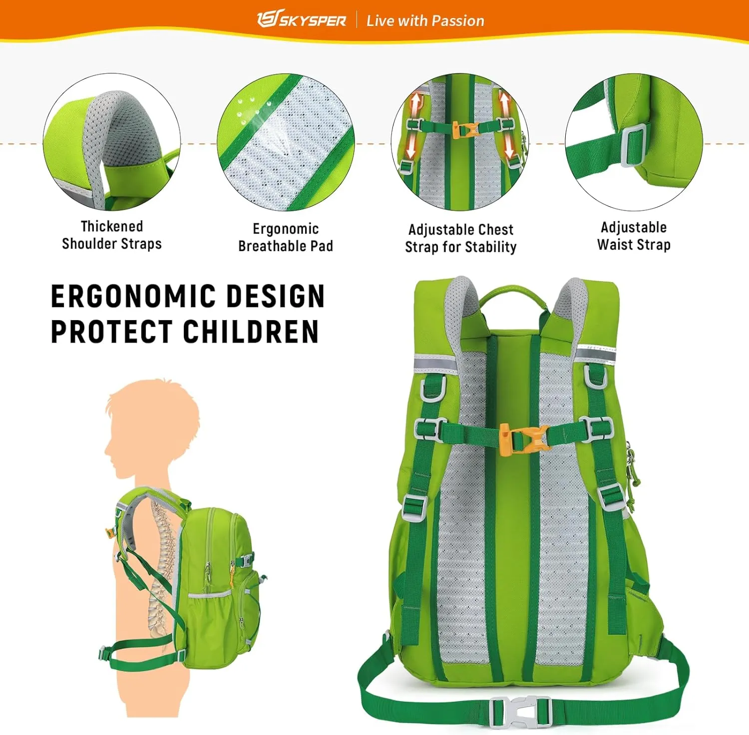 SKYSPER Kids Backpack - 15L Travel Backpacking Small Age 4-6 Ergonomical Design Multi-compartment Breathable Day Pack Preschool Kindergarten Bag