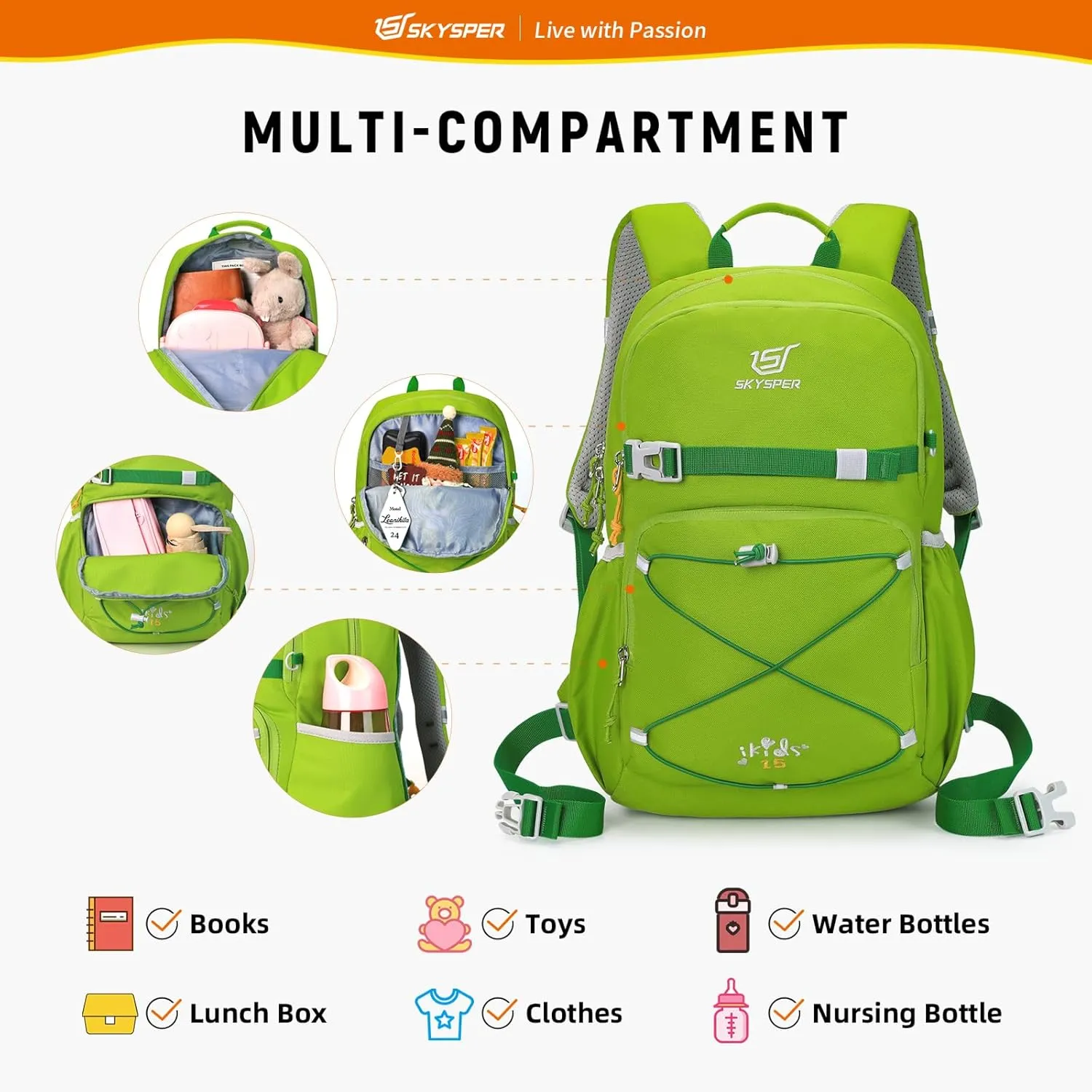 SKYSPER Kids Backpack - 15L Travel Backpacking Small Age 4-6 Ergonomical Design Multi-compartment Breathable Day Pack Preschool Kindergarten Bag