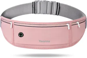 Slim Running Belt Fanny Pack for Men Women, Running Phone Holder Runners Pouch Waist Pack for Workout, Money Belt, 3 Pockets Running Gear Accessories Fits ALL Phones (Pink)