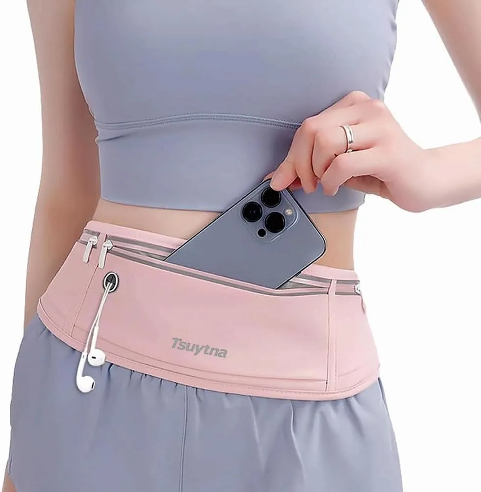 Slim Running Belt Fanny Pack for Men Women, Running Phone Holder Runners Pouch Waist Pack for Workout, Money Belt, 3 Pockets Running Gear Accessories Fits ALL Phones (Pink)