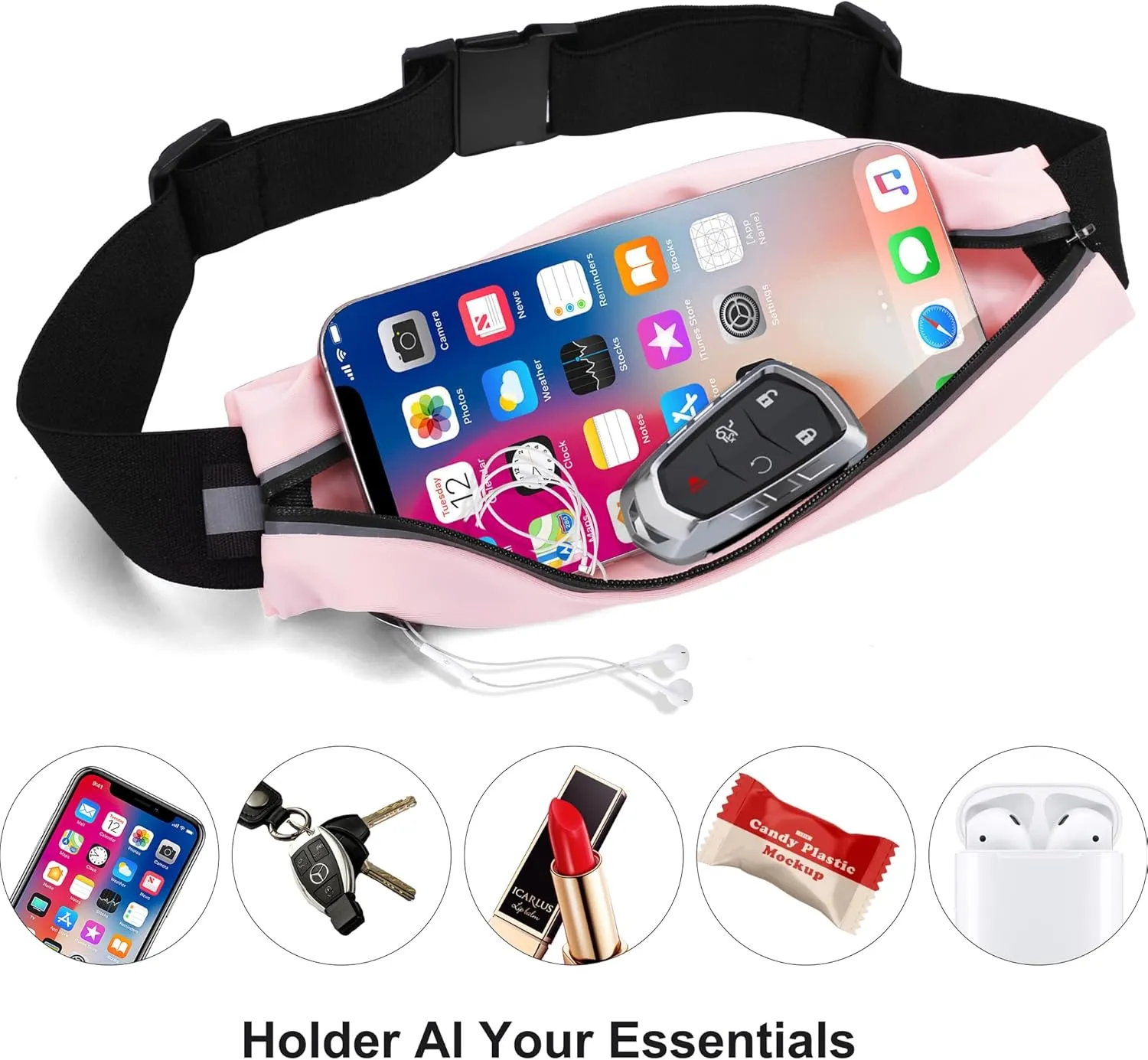 Slim Running Belt For Men and Women Waist Fanny Pack Phone Holder Pouch Bag Reflective Zipper Pocket Workout Cycling Fitness