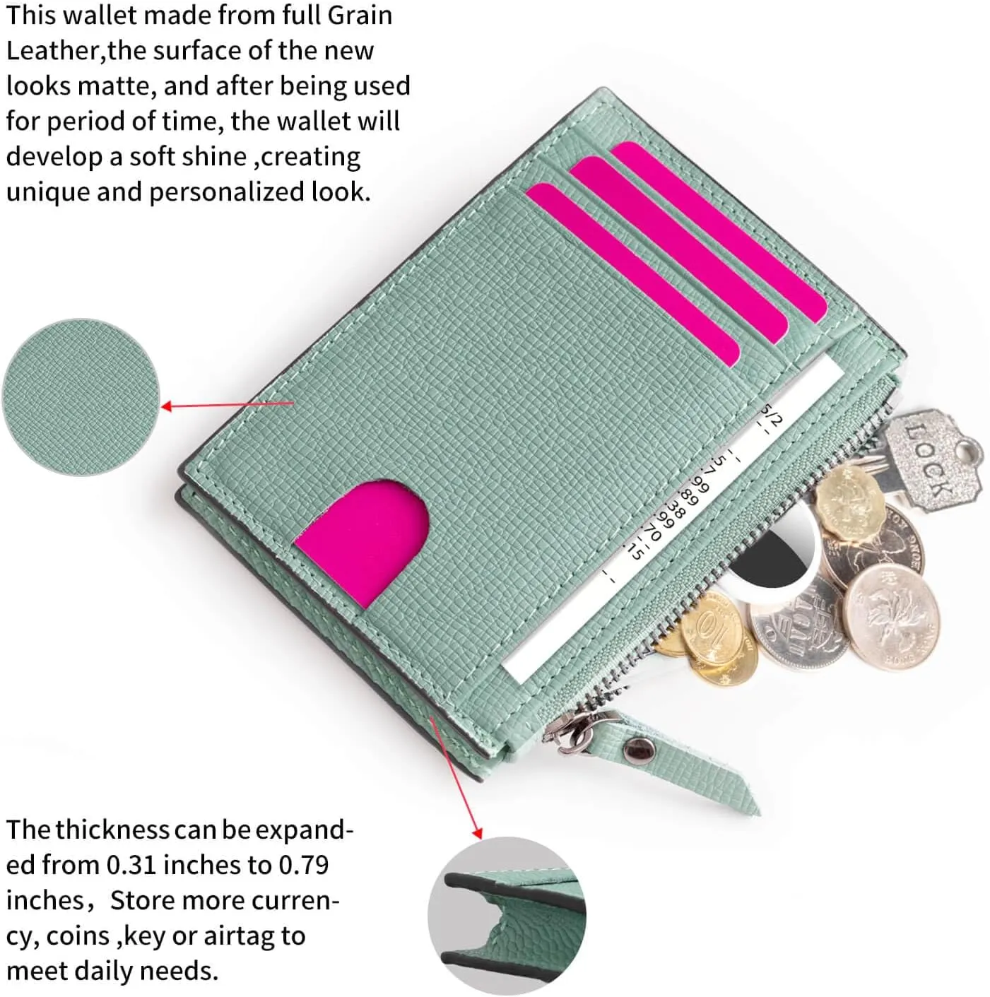 Slim Wallet for Women Small Leather RFID Blocking Credit Card Holder Minimalist Front Pocket Wallet with Coin Purses & Pouches,Green