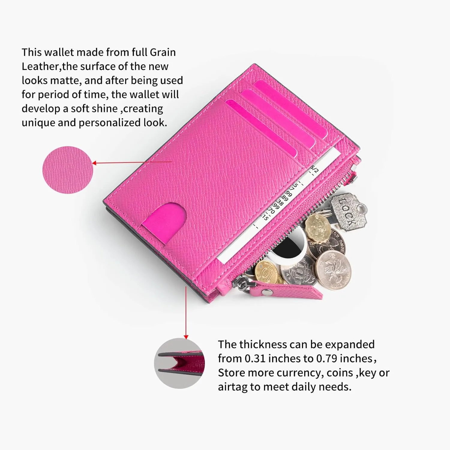 Slim Wallet for Women Small Leather RFID Blocking Credit Card Holder Minimalist Front Pocket Wallet with Coin Purses & Pouches,RoseRed