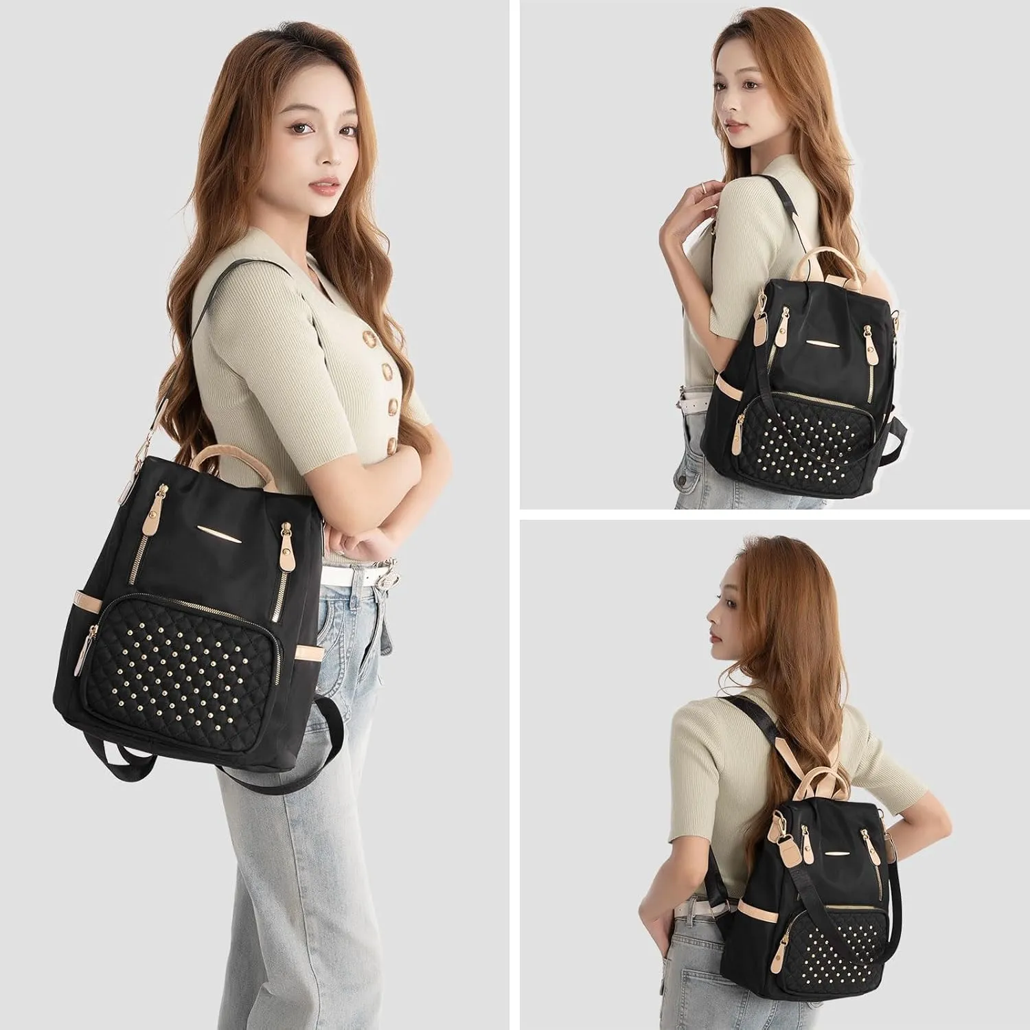 Small Backpack Purse for Women, Ladies Anti Theft Backpack Purse with Rivets Pattern, Convertible Shoulder Bag, Slightly Waterproof & Lightweight, Maximum Capacity up to 11'' Tablet