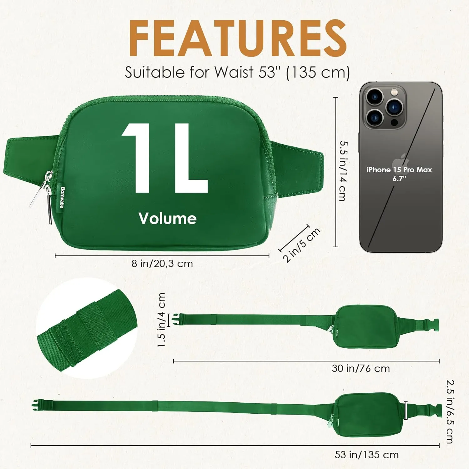 Small Fanny Pack 1L with 2-way Zipper for Women Teen Girls Boys, Green Belt Bag with Extender Strap 53", Crossbody Bag for Travel Gym Running Hiking Cycling, Fashion Waist Bag Everglade Green