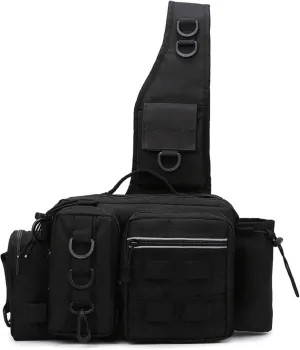 Small Fly Fishing Sling Bag for Men Fishing Tackle Bag with Rod Holder Waterproof Tackle Shoulder Pack for Outdoor Camping Climbing (Black)