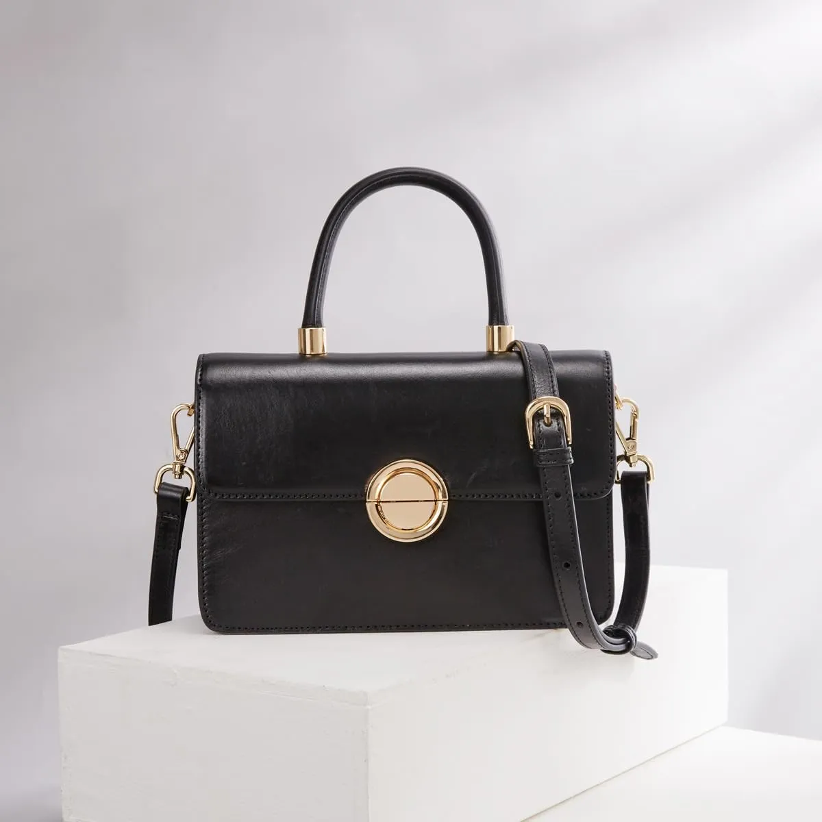 Small Leather Top-Handle Satchel Handbag with Square Crossbody Strap for Women