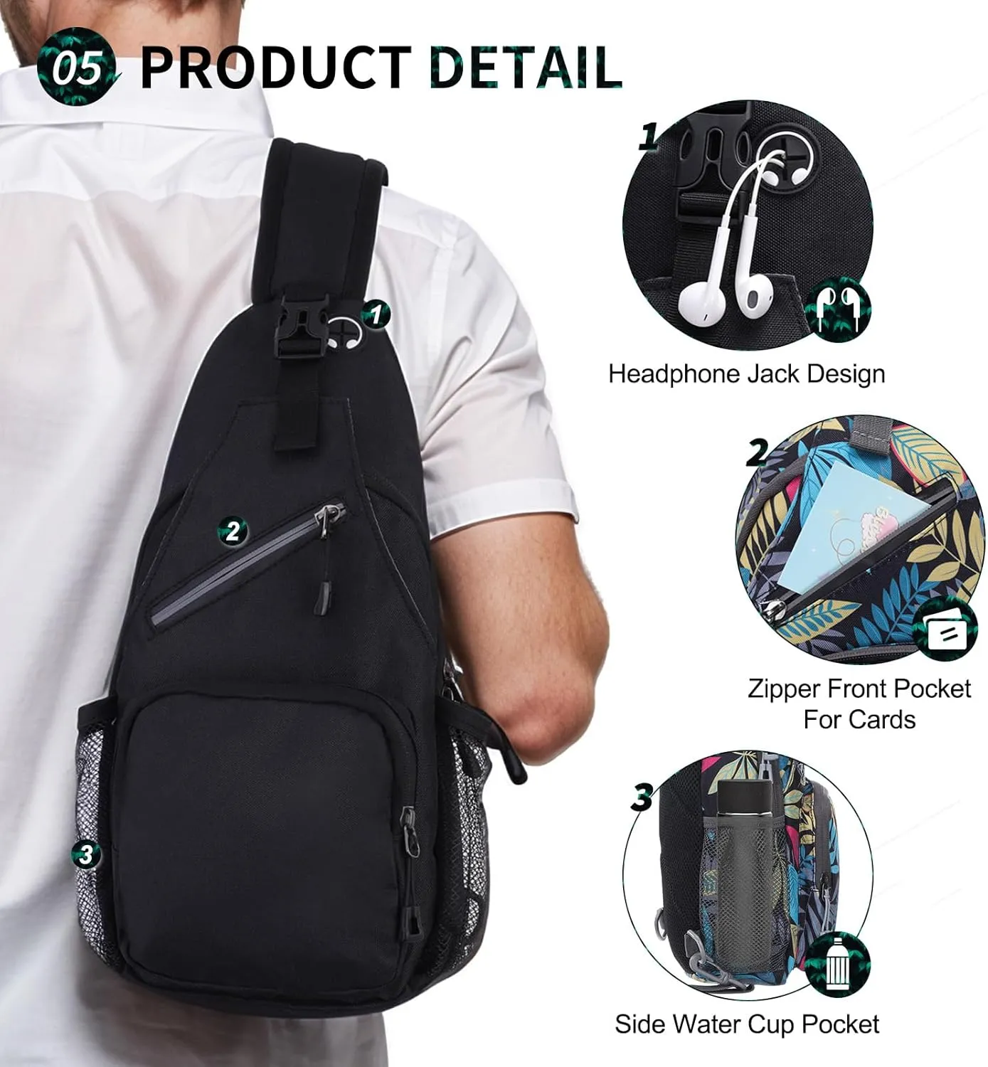 Small Sling Bag, Water Resistant 11 Inch Crossbody Chest Bags Oxford Daypack Backpack with Headphone Jack with Anti-theft Pocket for Men Women (Multicolor)