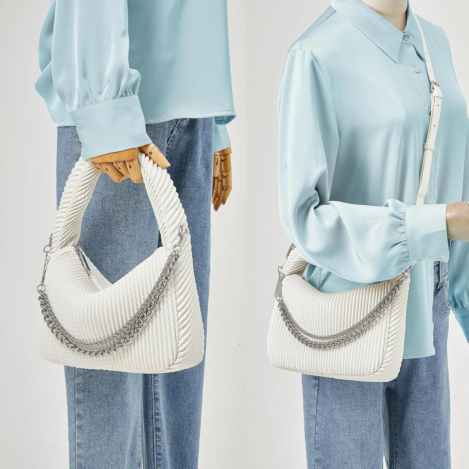 Soft Top Handle Clutch Purse for Women Designer Pleated Hobo Tote Bag with Metal Chain and Adjustable Leather Strap