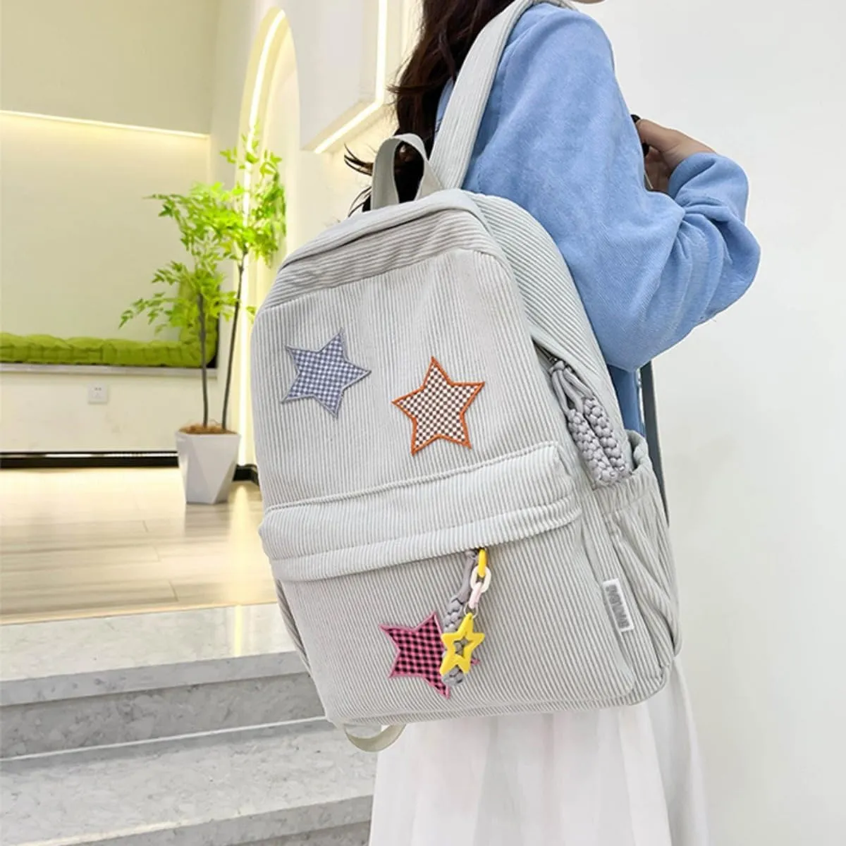 Star Backpack Kawaii Large Capacity Aesthetic Rucksack Cute Accessories Bag for Woman Light-hearted Mori (Gray,Large)