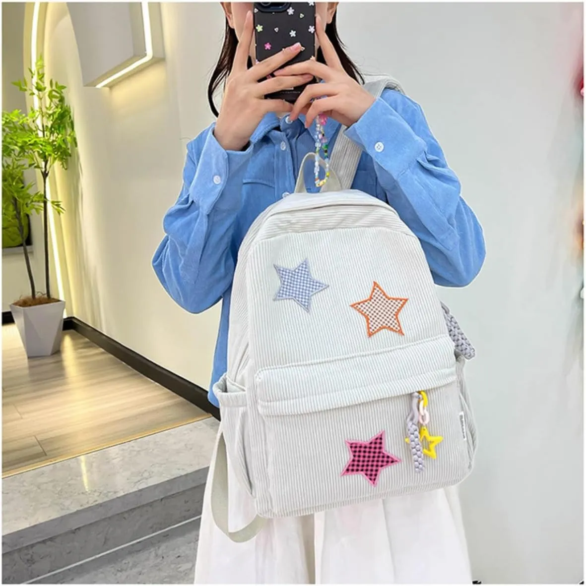 Star Backpack Kawaii Large Capacity Aesthetic Rucksack Cute Accessories Bag for Woman Light-hearted Mori (Gray,Large)