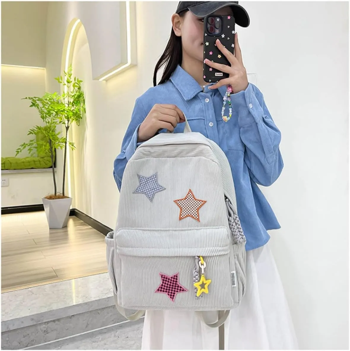 Star Backpack Kawaii Large Capacity Aesthetic Rucksack Cute Accessories Bag for Woman Light-hearted Mori (Gray,Large)