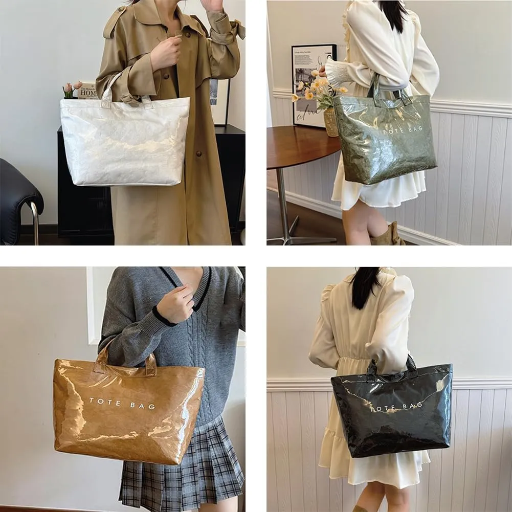 Stellaya Tote Bag, Womens Letters Print Tote Bag, Fashion Large Handle PVC Kraft Paper Handbag for Travel, Work