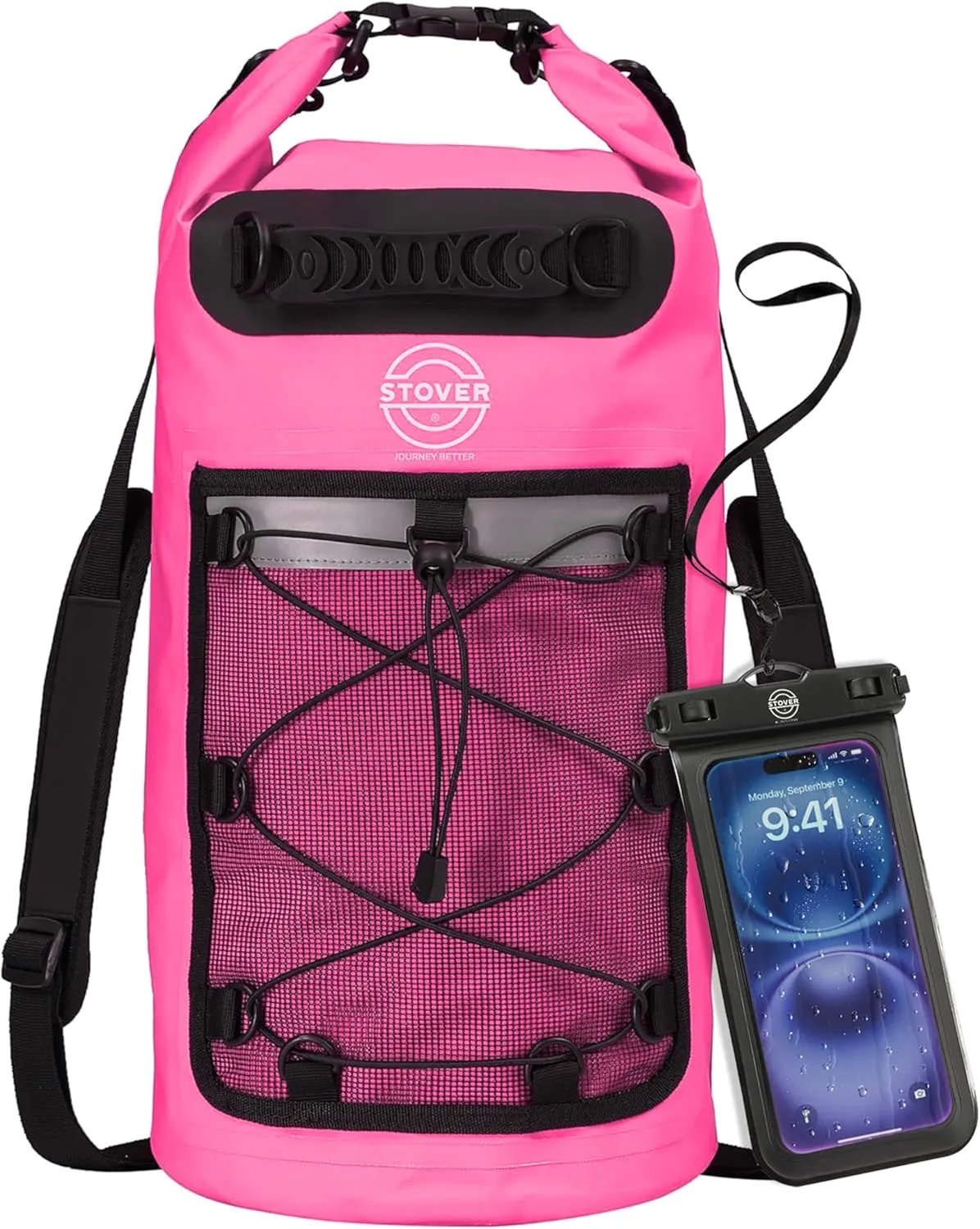 STOVER 5/10/25/30/40/55L Waterproof Dry Backpack & Phone Case- Medium Floating Dry Bag for Kayaking, Travel, Hiking, Fishing, Camping, Motorcycles & Beach, Heavy-Duty Roll Top Men/Women (Pink)