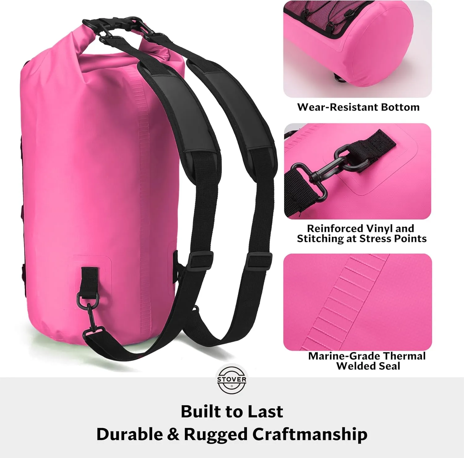 STOVER 5/10/25/30/40/55L Waterproof Dry Backpack & Phone Case- Medium Floating Dry Bag for Kayaking, Travel, Hiking, Fishing, Camping, Motorcycles & Beach, Heavy-Duty Roll Top Men/Women (Pink)
