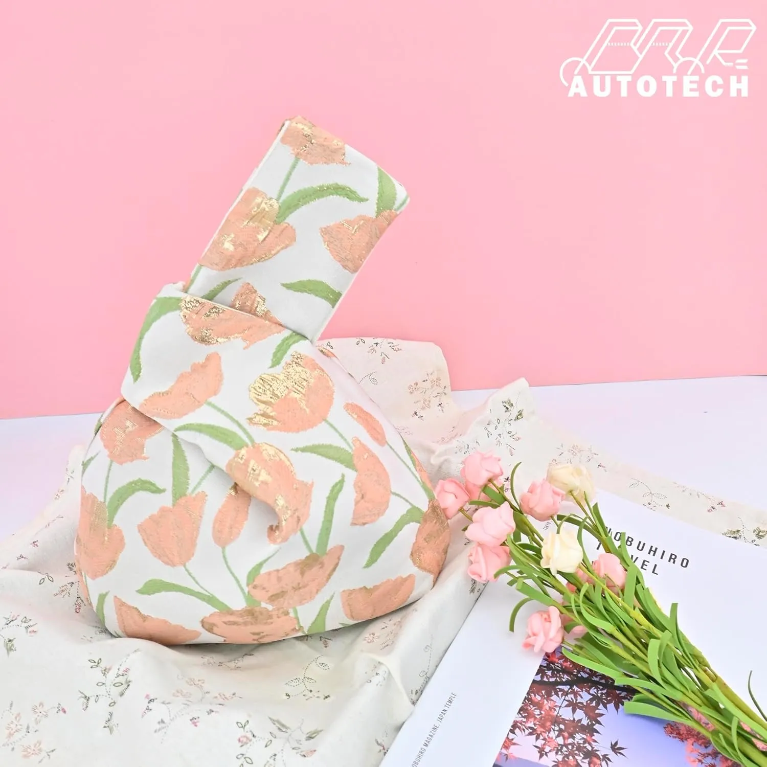 Stylish Cotton Japanese Pattern Wrist Bag Sleeve Knot Pouch Portable Canvas Tote Purse for Female, Women