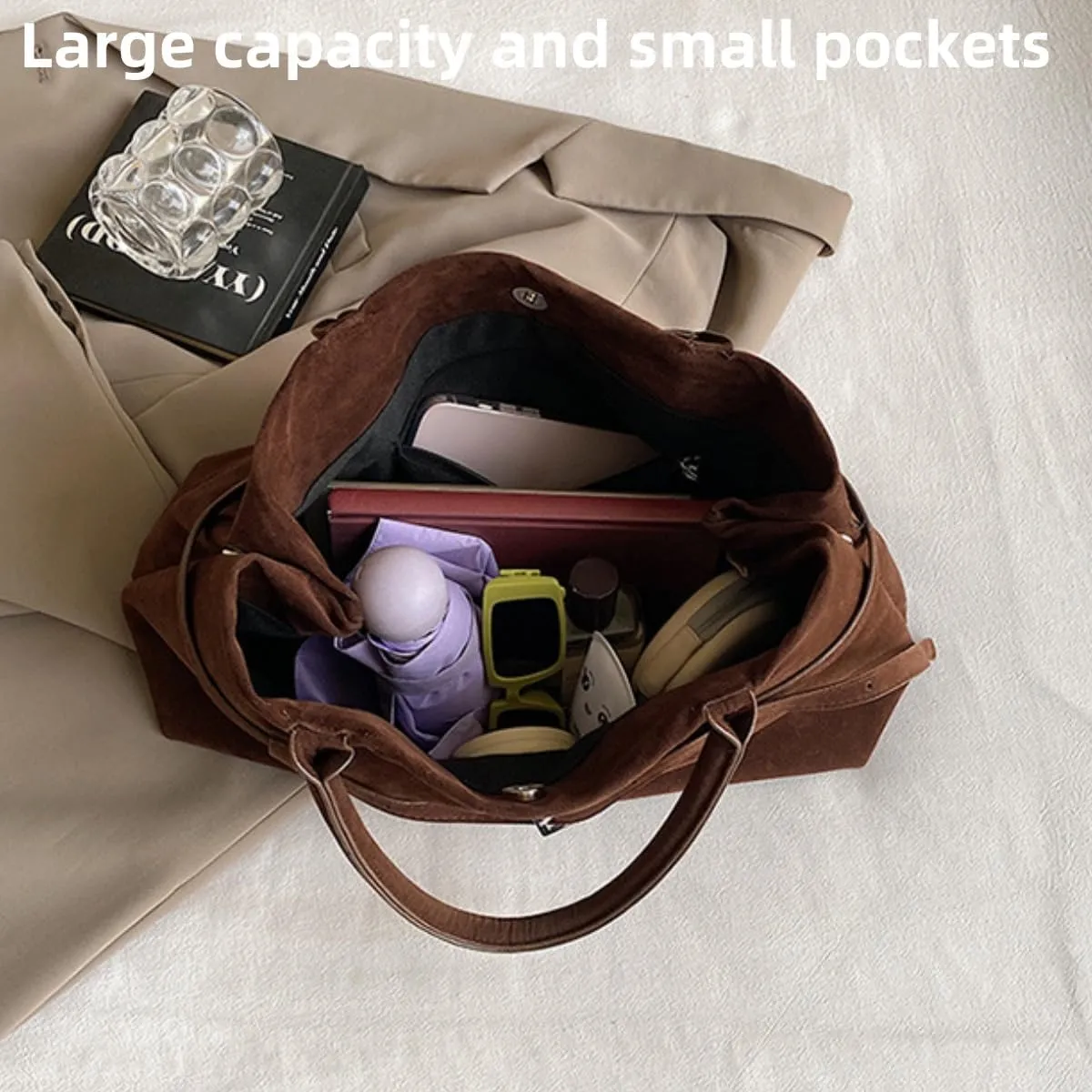 Suede Tote Bag for Women,Women's Large Capacity Suede Top-Handle Work Hobo Handbag,Vintage Faux Suede Shoulder Satchel