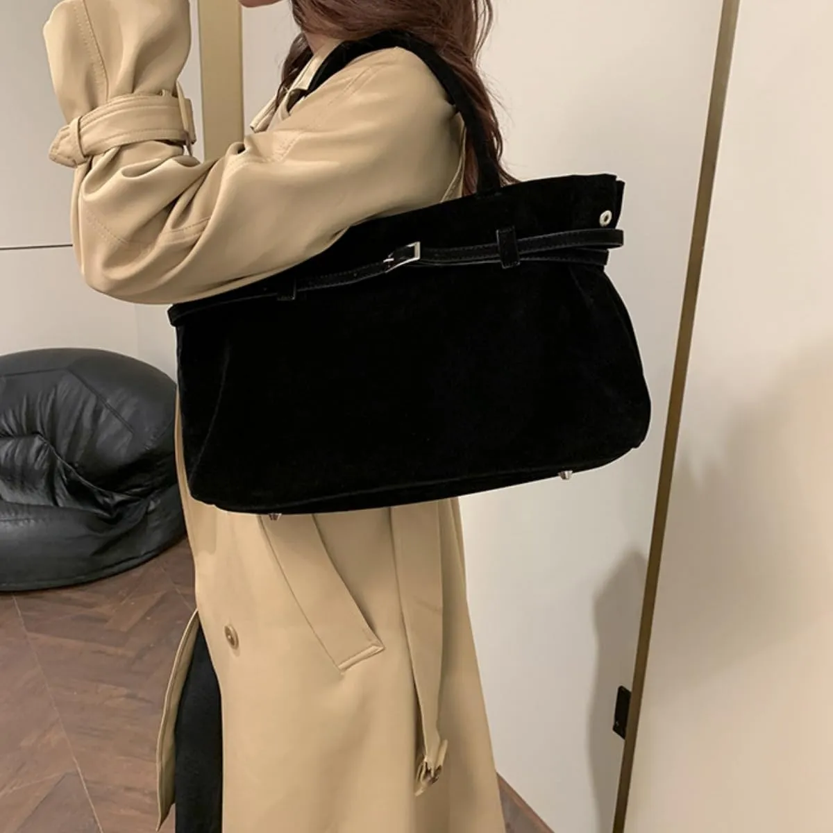 Suede Tote Bag for Women,Women's Large Capacity Suede Top-Handle Work Hobo Handbag,Vintage Faux Suede Shoulder Satchel
