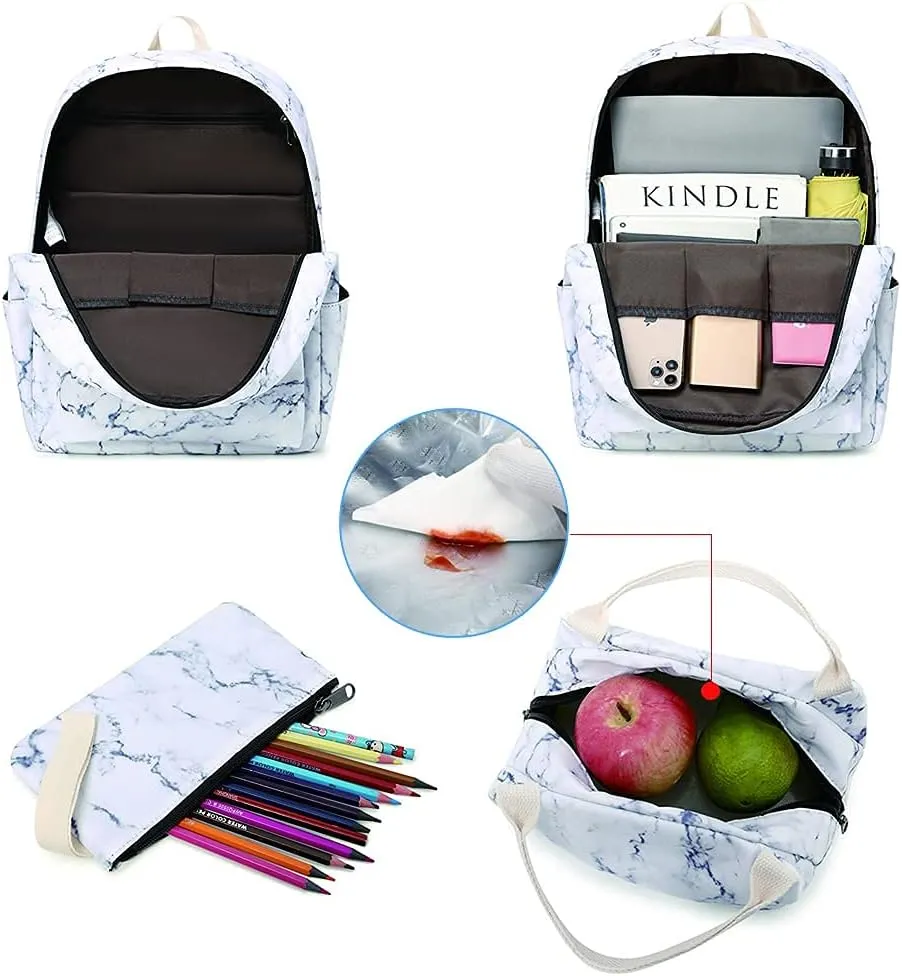 Sunborls Backpack for Teen Girls Lightweight High-Capacity Student Bookbag Women Backpack With Lunch Bag Pencil Bags Student Bookbags 3pcs（Marble White）