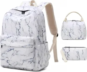 Sunborls Backpack for Teen Girls Lightweight High-Capacity Student Bookbag Women Backpack With Lunch Bag Pencil Bags Student Bookbags 3pcs（Marble White）