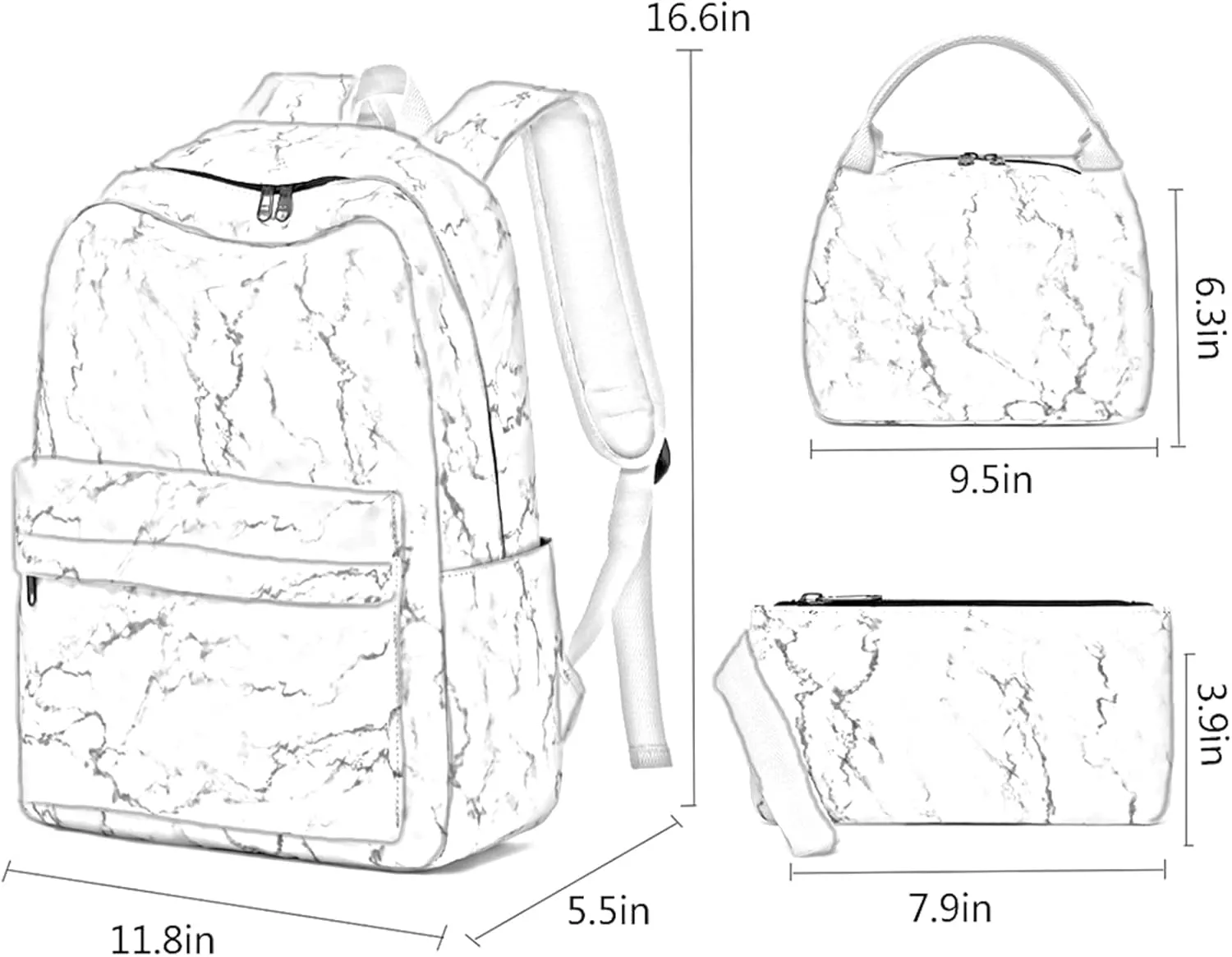Sunborls Backpack for Teen Girls Lightweight High-Capacity Student Bookbag Women Backpack With Lunch Bag Pencil Bags Student Bookbags 3pcs（Marble White）