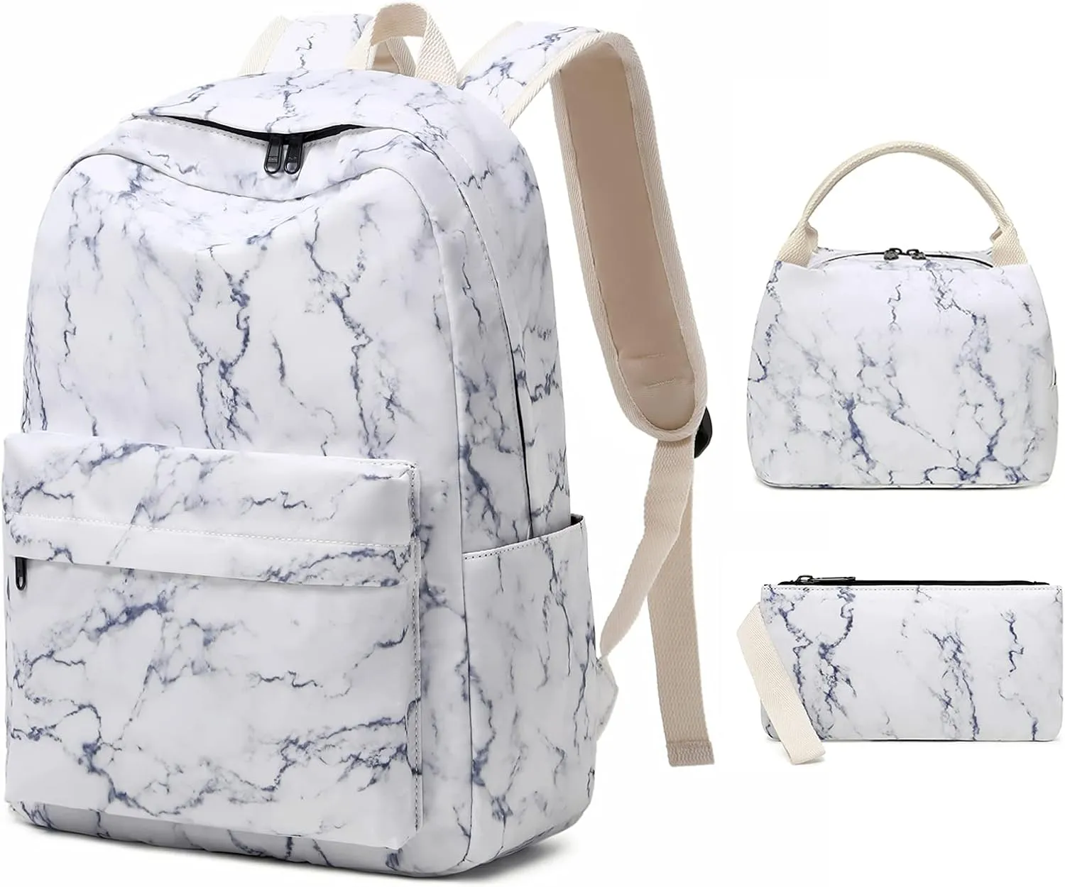 Sunborls Backpack for Teen Girls Lightweight High-Capacity Student Bookbag Women Backpack With Lunch Bag Pencil Bags Student Bookbags 3pcs（Marble White）